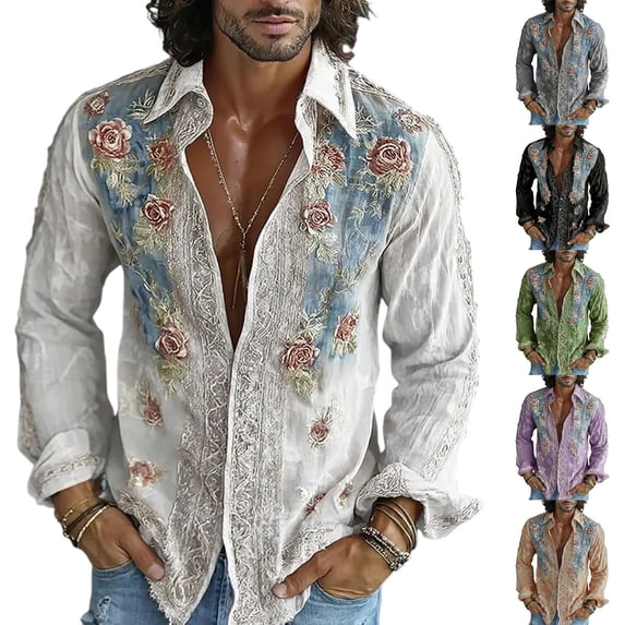 Vetsdori Long Sleeve Tshirts for Men Flowers Breathable Loose Button Up Party Winter Trendy Casual Graphic Mens Shirts Collar