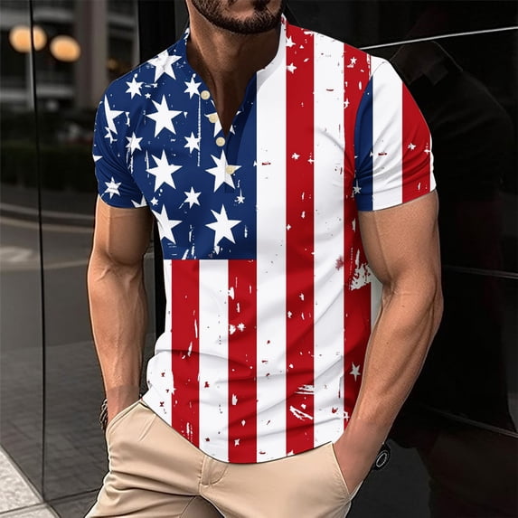 Vetsdori Men's 4th of July Shirts American Flag Red White and Blue Pullover Outdoor Short Sleeve,Summer Button up Crew Neck Independence Day Tops for Men