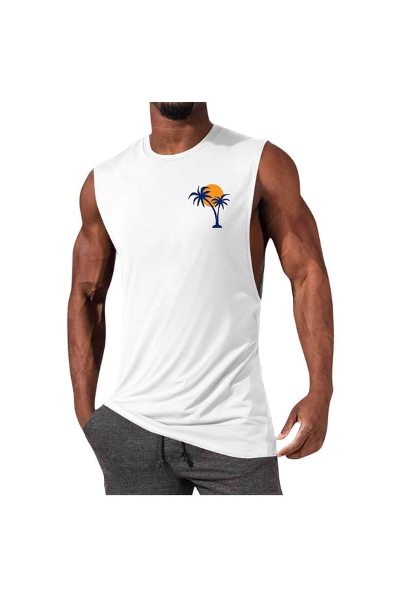 Men's Cotton Tank Top with Hawaiian Coconut Print Crew Neck for Gym Workout Fitness Home Lounge Beach Sports Breathable Moisture-Wicking Quick-Dry Elastic Cotton Tank Top