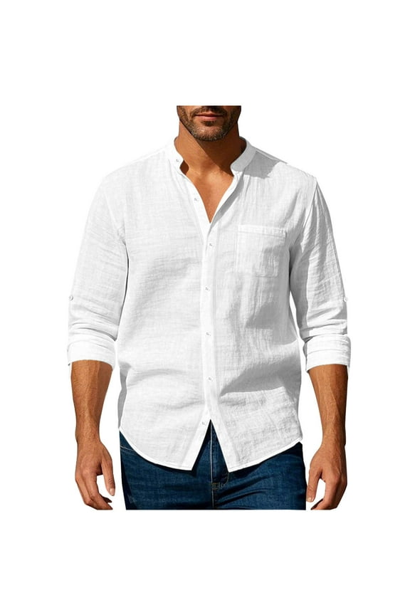 Men's Timeless Solid Long Sleeve Crew Neck Button-Up Shirt Premium Cotton Linen Blend business casual