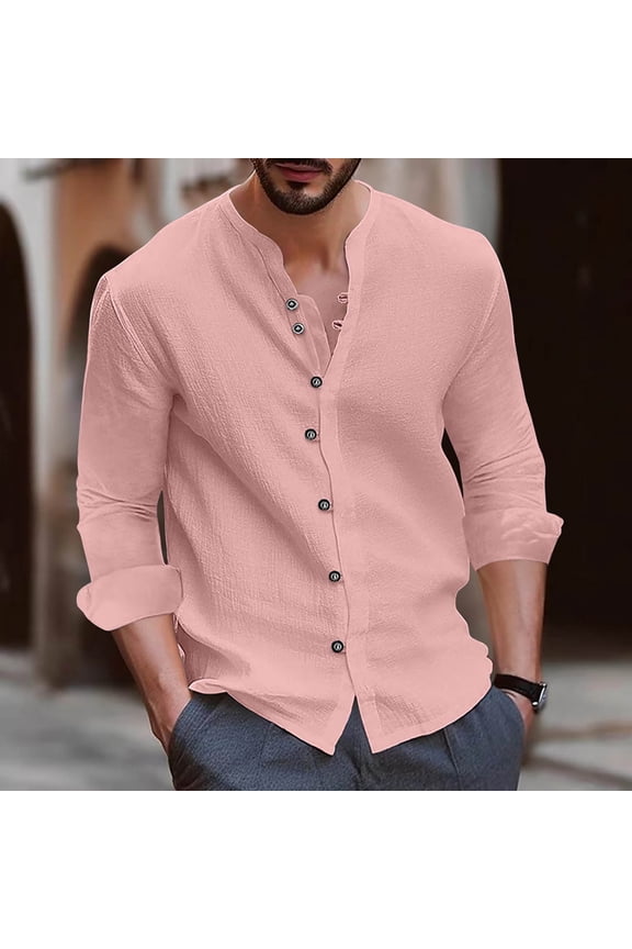 Men's Timeless Solid Long Sleeve Crew Neck Button-Up Shirt Premium Cotton Linen Blend business casual