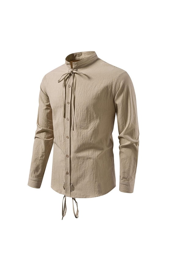 Men's Timeless Solid Long Sleeve Crew Neck Button-Up Shirt Premium Linen Blend Fabric business casual