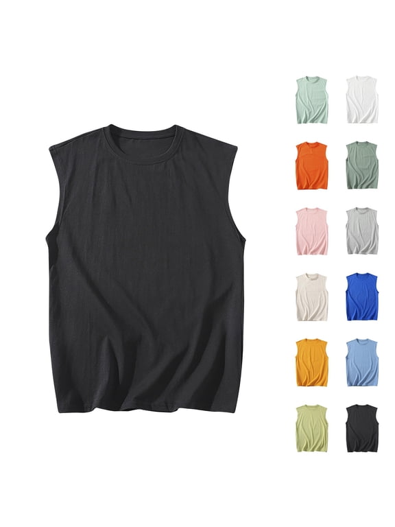 Mens Workout T Shirts Sleeveless Cotton Tank Tops Summer Muscle,Slim Fit Crew Neck Outdoor Solid Shirts for Men Fitness