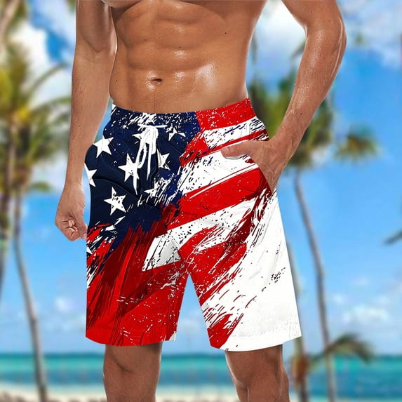 Vetsdori Mens Big and Tall Swim Trunks Summer July 4th Swimwear Board Shorts Elastic Waist,Pockets Vacation Drawstring American Flag Shorts for Men Independence Day