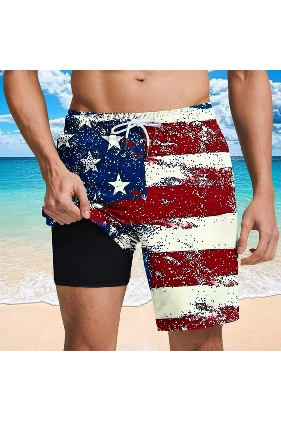 Mens Board Shorts Swim Trunks July 4th Linen 2 in 1 Swimwear Casual Elastic Waist Pockets Summer,Independence Day Holiday Shorts for Men American Flag