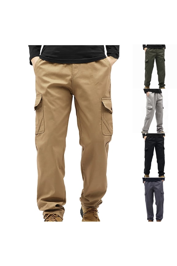 Mens Cargo Pants Warm Fleece Elastic Waist Pockets Work Pantalones Trendy Hiking Travel Trousers for Men Straight Leg