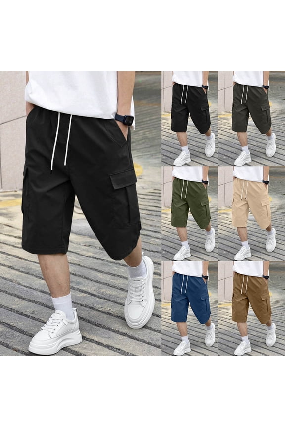 Mens Elastic Waist Shorts Cotton Summer Pull-On Pockets Below the Knee Cargo,Relaxed Fit Ropa Shorts for Men Fashion