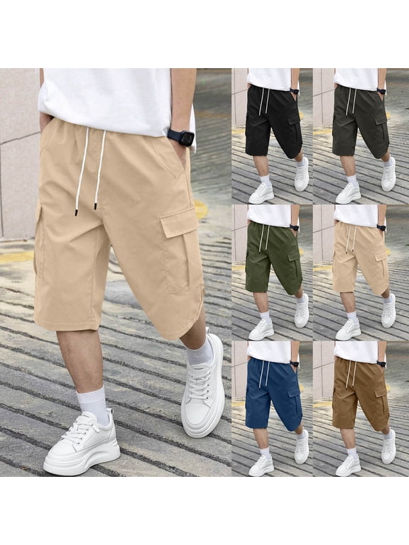 Mens Elastic Waist Shorts Cargo Cotton Pull-On Relaxed Fit Athletic Casual Pockets,Khaki Below the Knee Shorts for Men Summer