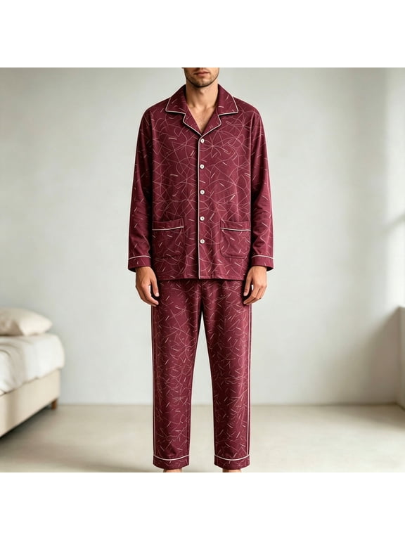 Mens Comfy Pajamas Sets Cotton Pockets Homewear 2 Pieces Long Sleeve Collar Button Shirts and Pants Graphic Cozy Loungewear for Men Casual