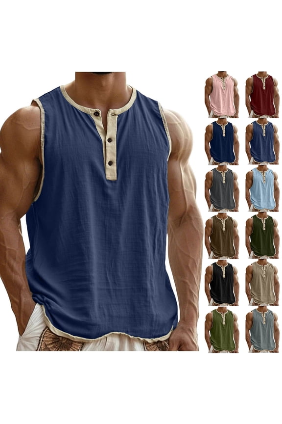 Mens Cotton and Linen Tank Tops Muscle Summer T Shirts Athletic Fitness,Sleeveless Slim Fit Henley Undershirts Tanks for Men Running