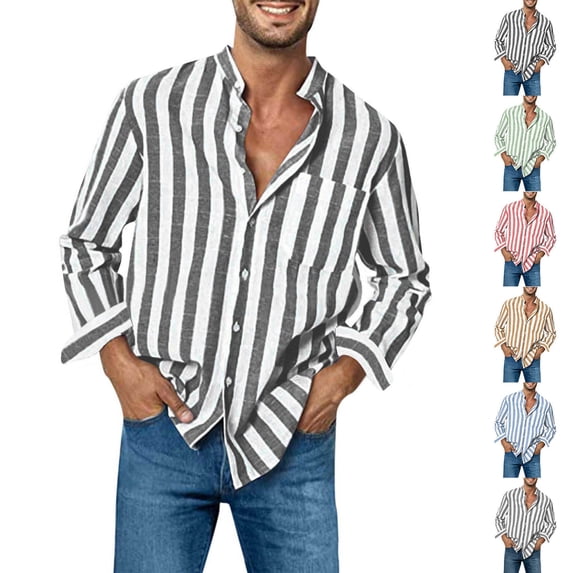 Vetsdori Mens Long Sleeve Shirts Pocket Winter Cotton Button Down Workout Striped Graphic Stand up Collar Trendy Tops for Men
