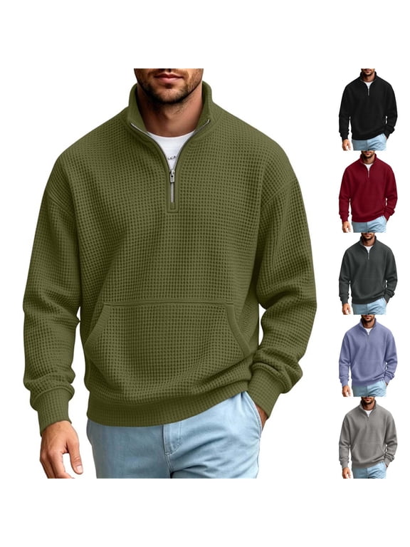 Mens Long Sleeve Shirts Waffle Big and Tall Winter Pullover Outdoor Pocket Trendy Stand Up Collar Plain Tshirts for Men