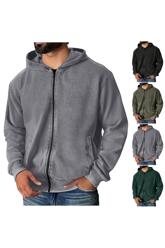 Mens Long Sleeve Sweatshirts Outdoor Pocket Zipper Vintage Winter and Cotton Travel Plain Hooded Tops for Men Coat