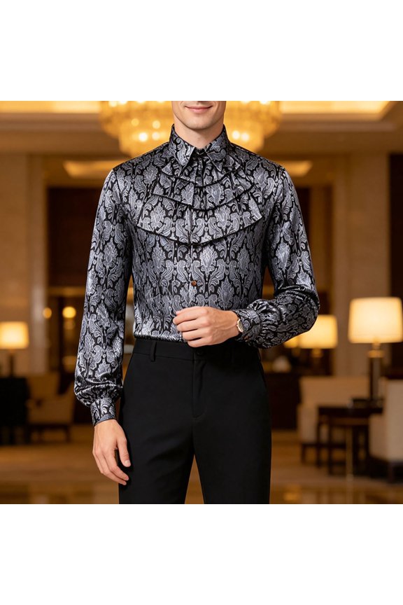 Mens Long Sleeve T-Shirts Vintage Outdoor Button Down Ruffle Winter Casual Stylish Collar Tops for Men