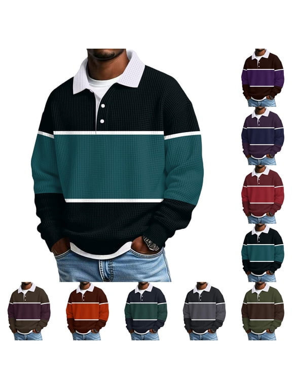 Mens Pullover Shirts Button Down Polo Outdoor Winter Waffle Casual Long Sleeve Trendy Tops for Men Color-block