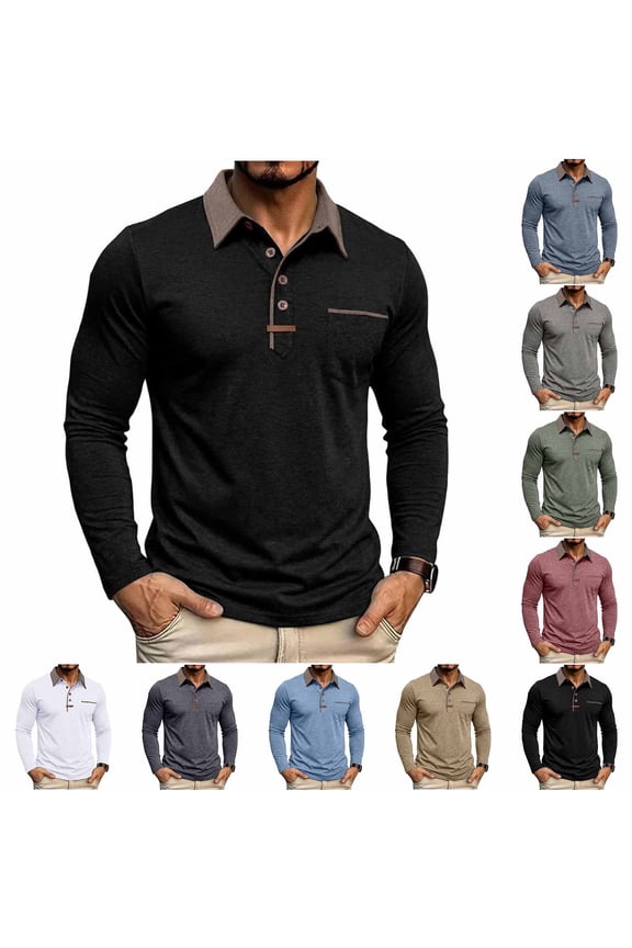 Mens Pullover Shirts Polo Winter Work Long Sleeve Pocket Trendy Plain Tops for Men Collar