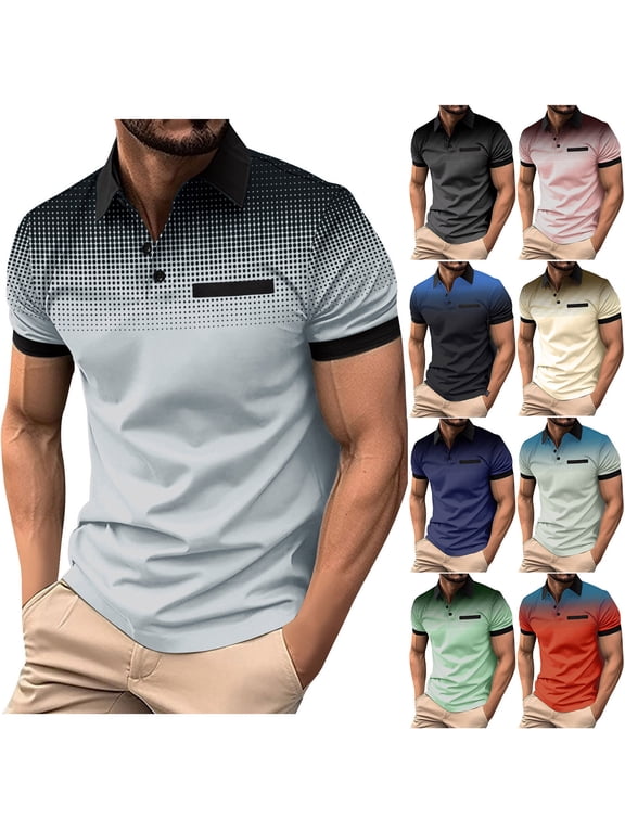 Mens Short Sleeve Shirts Polo Pullover Summer Button up Outfits Work Casual T-Shirts for Men Gradient