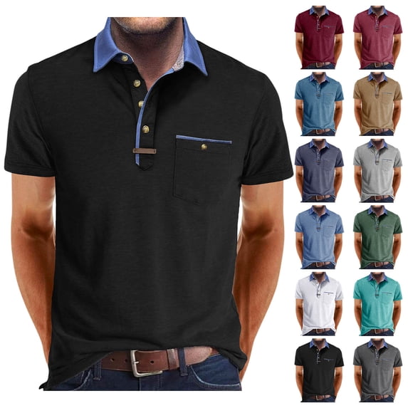 Vetsdori Mens Short Sleeve Shirts Polo Summer Pullover Office Summer Button up Casual Gift for Men Outfits T-Shirts for Men Patchwork