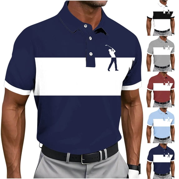 Vetsdori Mens Short Sleeve Shirts Polo Summer Pullover Work Button up Stripe Outfits T-Shirts for Men Gift for Husband