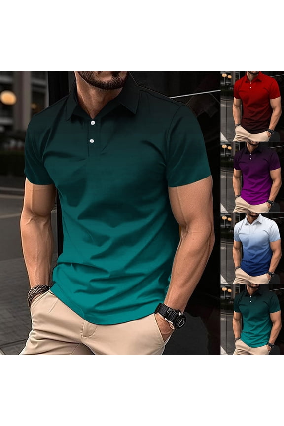 Mens Short Sleeve Shirts Pullover Polo Casual Gradient Work Summer Button up T-Shirts for Men Gift for Men