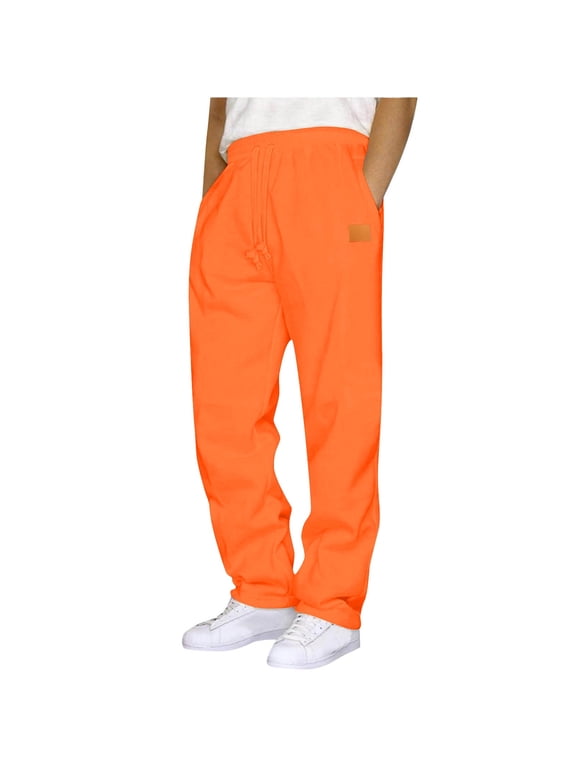 Mens Sweatpants Outdoor Sport Straight Leg Pockets Gifts for Men Fashion Elastic Waist Casual Orange Pantalones Pants for Men