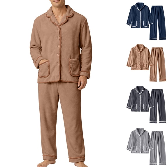 Vetsdori Mens Warm Fleece Pajamas Sets Comfy Pockets Homewear 2 Pieces Casual Stylish Long Sleeve Collar Button Shirts and Pants Plain Loungewear for Men Winter