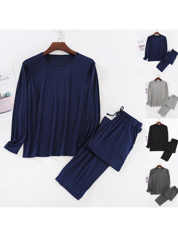 Modal Pajamas Sets for Men Comfy Soft Sleepwear Long Sleeve Shirts and Drawstring Pants Casual 2 Pieces Stylish Mens Loungewear Plain