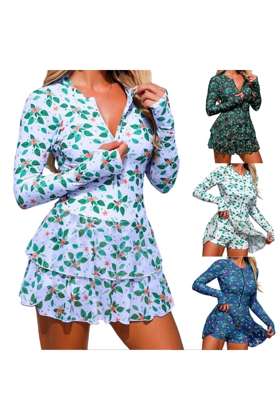 One Piece Bath Suits for Women Tankini Swimwear Rashguard Floral Print Skirt Summer,Swim Dress Half Zipper Cover Womens Swimsuits Padded Wireless