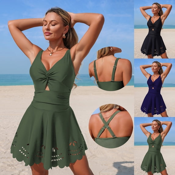 Vetsdori One Piece Bathing Suits for Women Tankini Cutouts Swimwear Vacation,Racerback Skirt Solid Color Tummy Control Ladies Swim Suits Outfits