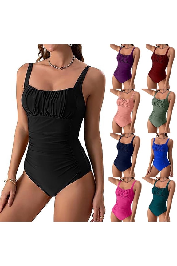One Piece Swim Suits for Women Tankini Vacation Swimwear Strap Solid Color,Tummy Control Ladies Bath Suits