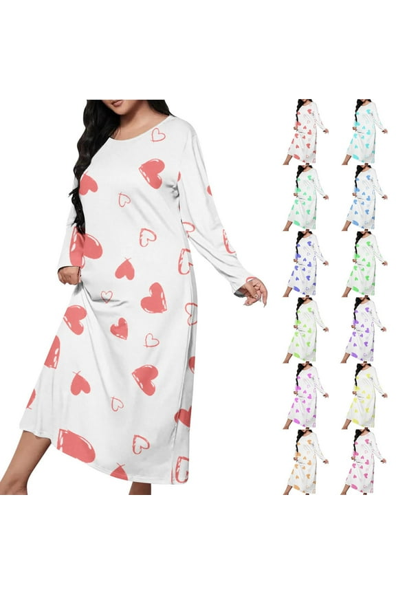 Plus Size Night Gowns for Junior Long Sleeve Soft Sleep Shirts Sleepwear MooMoo,Lightweight Valentine Cute Comfy Holiday Womens Nightgowns Heart Print