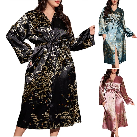 Vetsdori Plus Size Robes Dusters for Women Lightweight Long Length Night Gowns Plush Strap Homewear Loungewear Floral Long Sleeve Ladies Bathrobe Casual