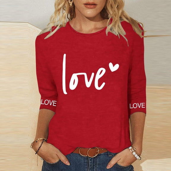 Vetsdori Plus Size T-Shirts for Ladies Valentine Gifts for Junior Pullover Love Heart Print Casual Cute,3/4 Sleeve Ladies Tops Fashion