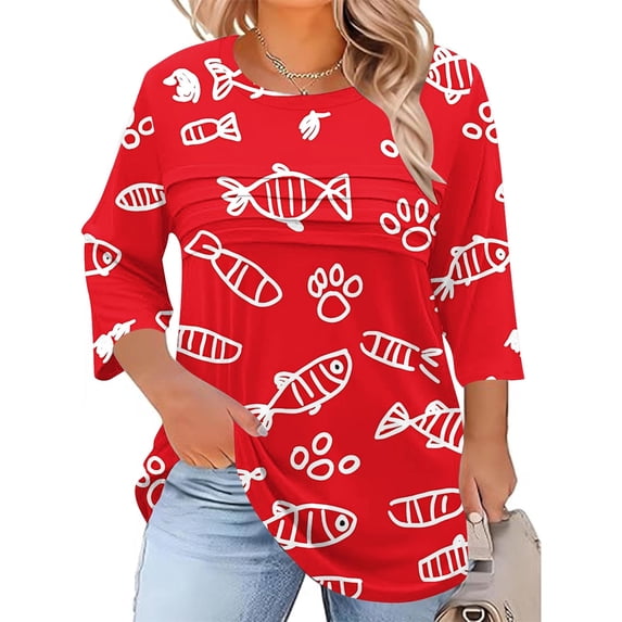 Vetsdori Plus Size Tops for Ladies 3/4 Sleeve Pullover Trendy Tunic Pleated,Crew Neck Summer Womans T-shirts Graphic