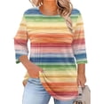 thumbnail image 1 of Vetsdori Plus Size Tops for Women 3/4 Sleeve Pullover Tunic Pleated Trendy,Round Neck Striped Womans T-shirts Summer, 1 of 5