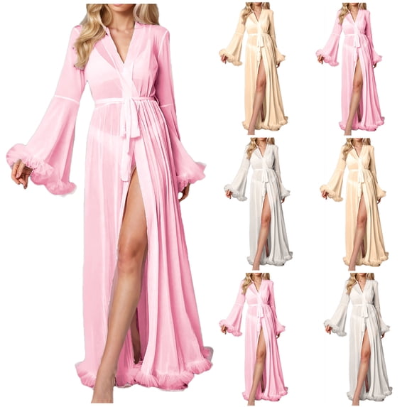 Vetsdori Plush Robes for Women Full Length Strap Nightgowns Lightweight Dusters House Loungewear Long Sleeve Ladies Bathrobe House