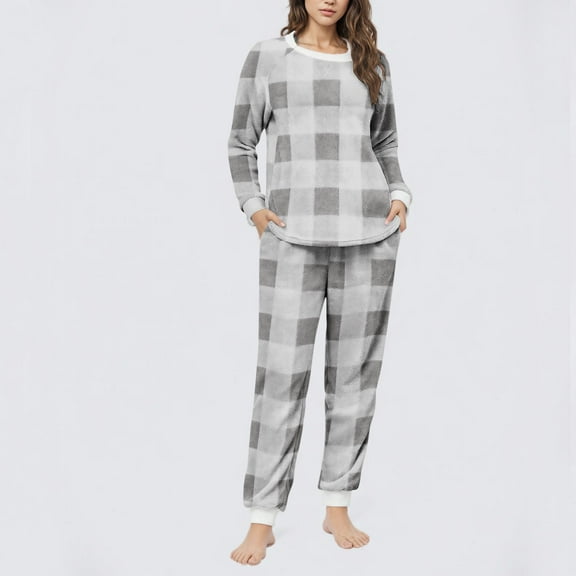 Vetsdori Pockets Pajamas Sets for Women Fleece Nightwear Sleepwear Long Sleeved Tops and Pants Home Womens Pajamas Holiday