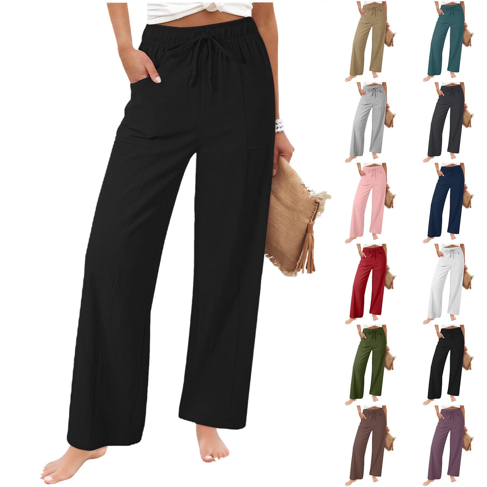 Pockets Pants for Ladies Summer Straight Leg Loungewear Cotton Linen Work,Casual Black Drawstring Loose Womens Dress Pants