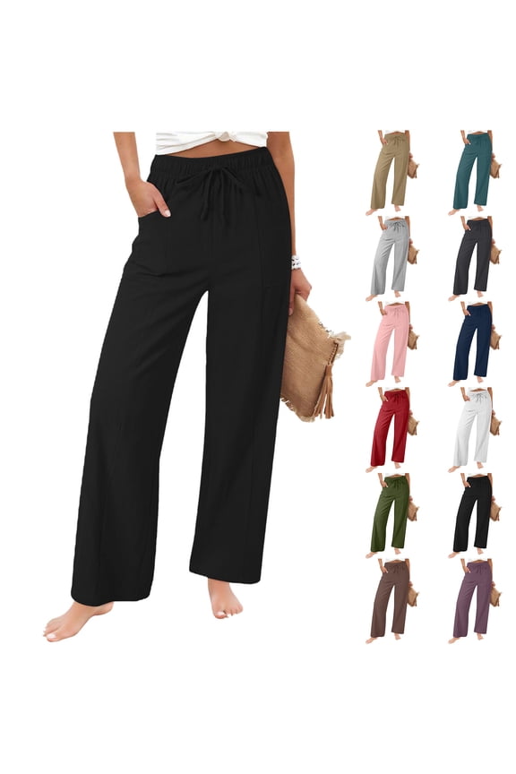 Pockets Pants for Ladies Summer Straight Leg Loungewear Cotton Linen Work,Casual Black Drawstring Loose Womens Dress Pants