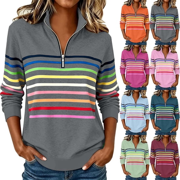 Vetsdori Polo Sweatshirts for Women Striped Winter Pullover Tops Half Zip Collared Long Sleeve,Casual Fleece Womens Sweatshirts