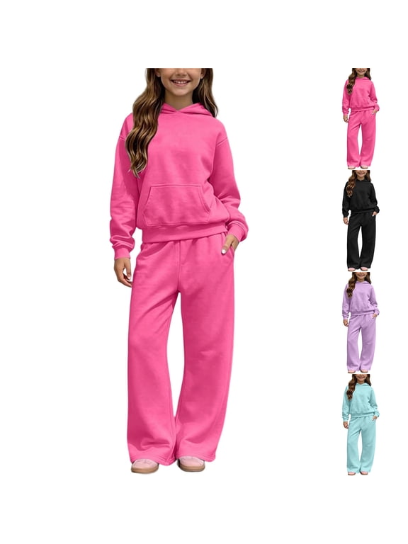 Pullover Outfits for Girl 2 Pieces Sports Active Suits Winter Solid Color Fleece Hooded,Sweatshirts and Wide Leg Pants Active Sets Kids Clothing Casual,Hot Pink,Size: 13 Years