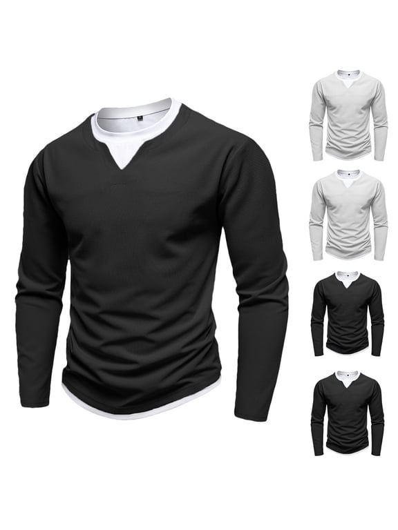 Pullover T-Shirts for Men Winter Long Sleeve Sport Fashion Waffle Casual Color-block Mens Shirts Trendy