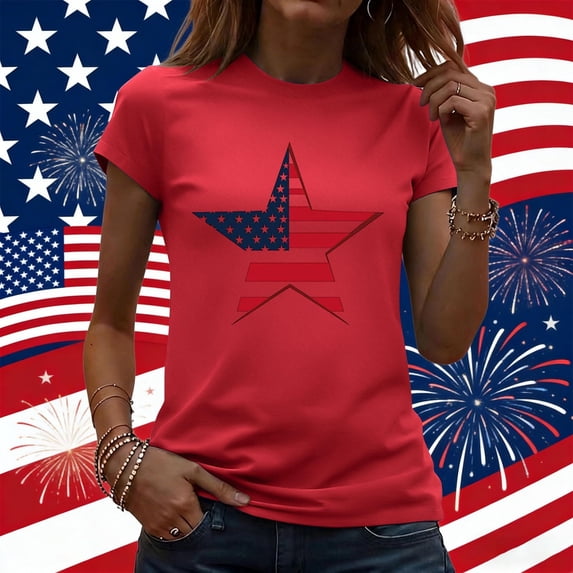 Vetsdori Red White and Blue Shirts for Women American Flag USA Years Anniversary Pullover Graphic Crew Neck Short Sleeve Summer,Fourth of July Casual Womens Blouses Independence Day