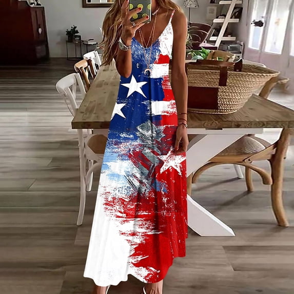 Vetsdori Red White and Blue Maxi Dress for Women's Fourth of July Graphic Slip Dress Party Summer,Backless Tank V-Neck Womens Dress Ankle Length
