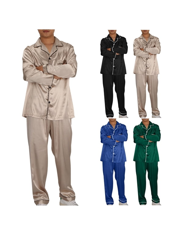Satin Pajamas Sets for Men Soft Long Sleeve Collar Button Shirts and Pants Homewear Comfy 2 Pieces Casual Plain Mens Loungewear