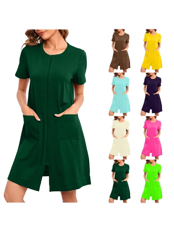 Short Length Robes for Women Lightweight Nightgowns Zipper Loungewear Cozy Summer House Womens Bathrobe Short Sleeve