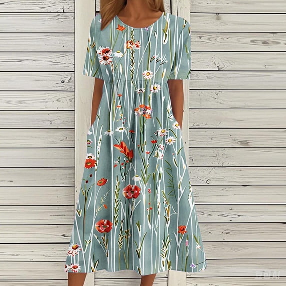 Vetsdori Short Sleeve Midi Dresses for Women Summer Sundress Floral Print Tunic Holiday Beach,Pleated Party Ladies Dress Lightweight