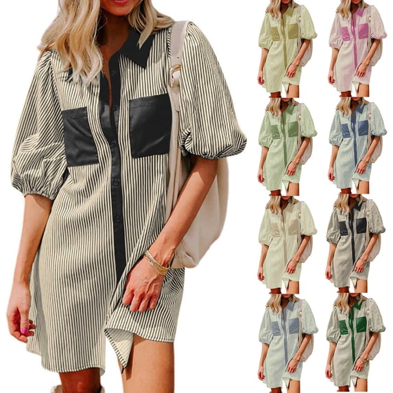 Vetsdori Short Sleeve Mini Dresses for Women Summer Striped Sundress Party Button Polo Collared,Outfits Ladies Dress Beach