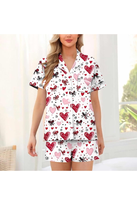 Short Sleeve PJS for Women Heart Print 2 Pieces Homewear Shorts & Top,Summer Button up Loungewear Sleepwear Casual Womens Pajamas Set Lightweight