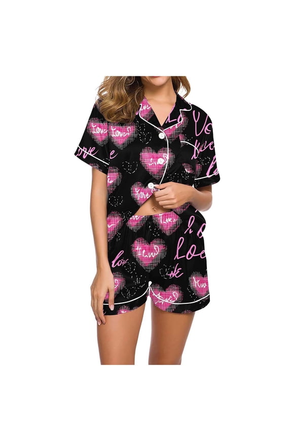 Short Sleeve PJS for Women Shorts & Top Heart Print Homewear Sleepwear 2 Pieces,Casual Button up Loungewear Pockets Soft Womens Pajamas Set Summer